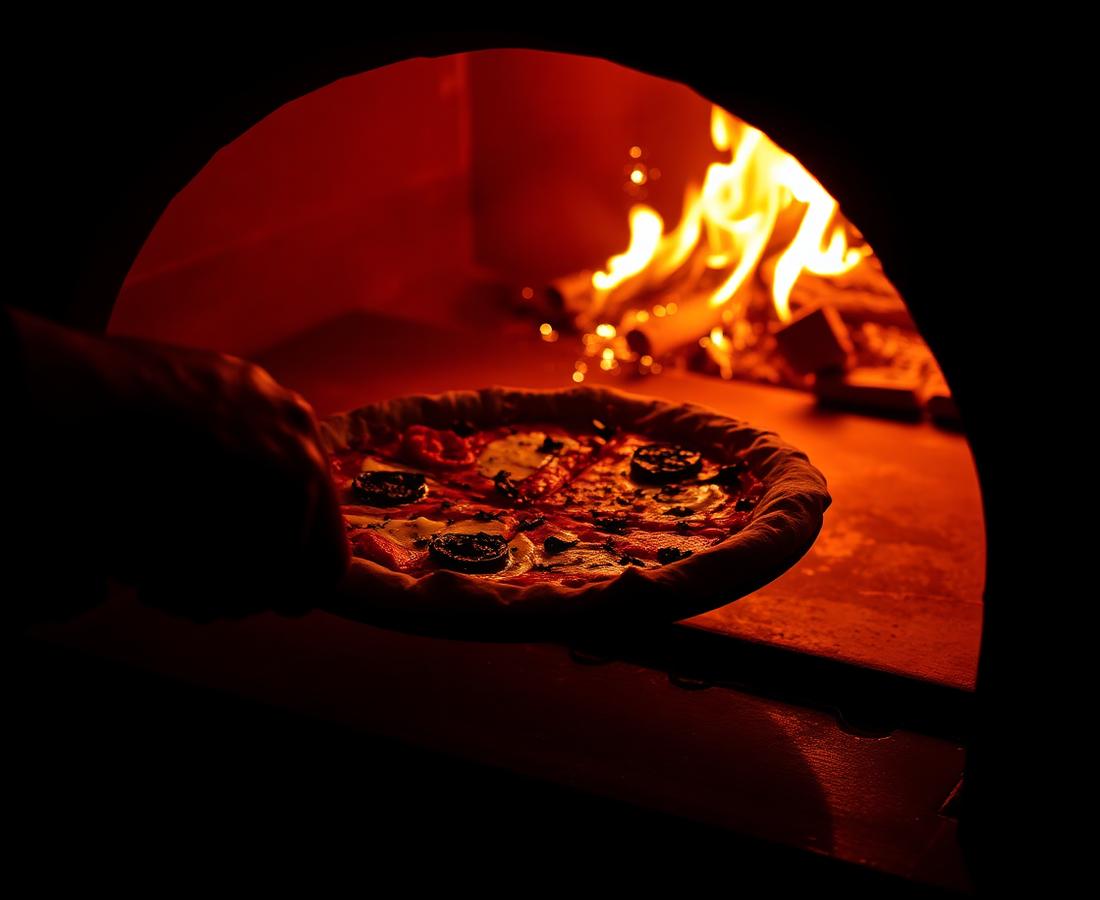 Pizza infornata nel forno a legna